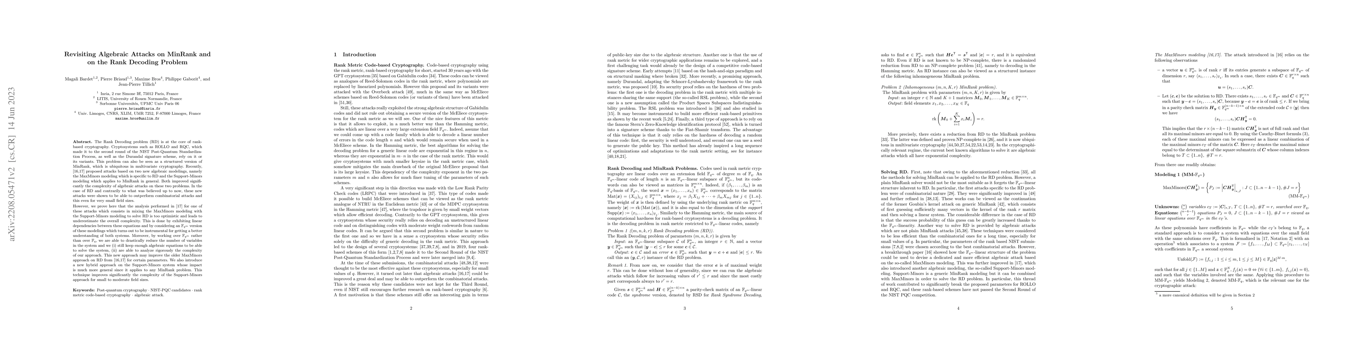 Thumbnail for Revisiting Algebraic Attacks on MinRank and on the Rank Decoding Problem