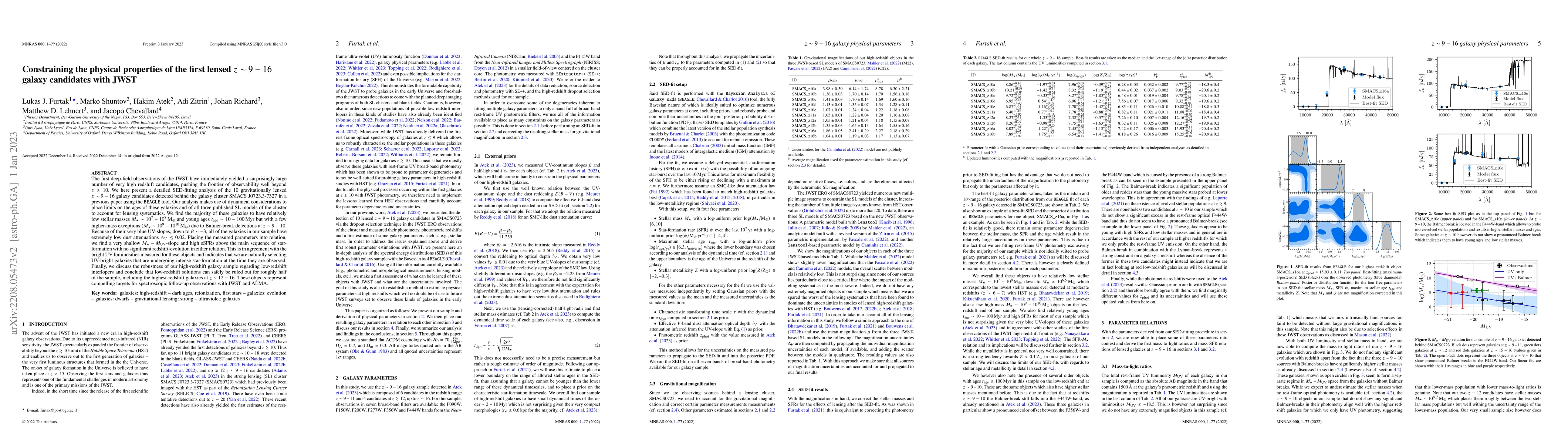 Thumbnail for Constraining the physical properties of the first lensed $z\sim10-16$
  galaxy candidates with JWST