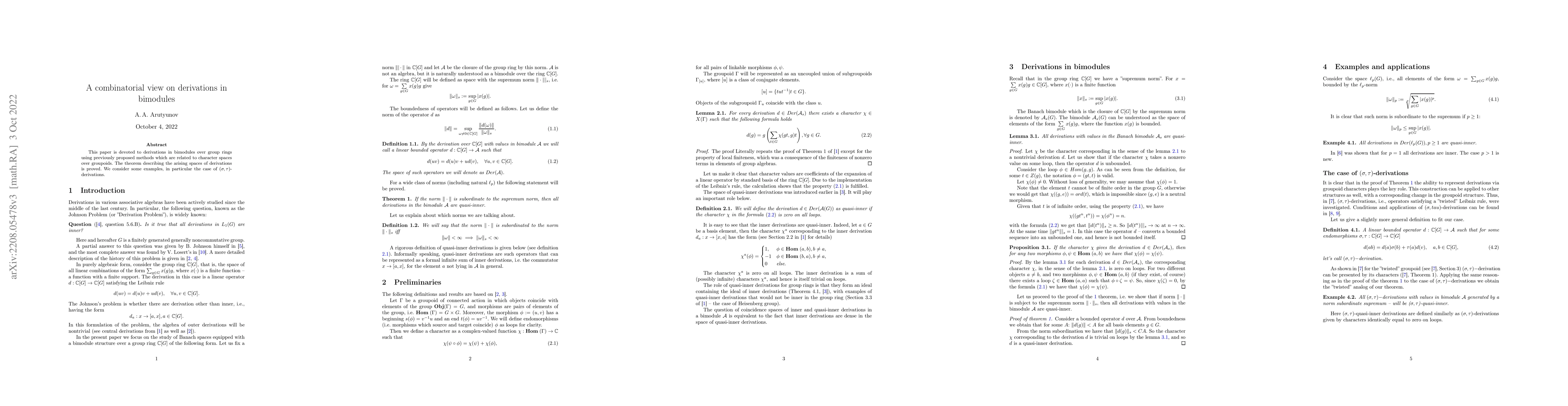 Thumbnail for A combinatorial view on derivations in bimodules