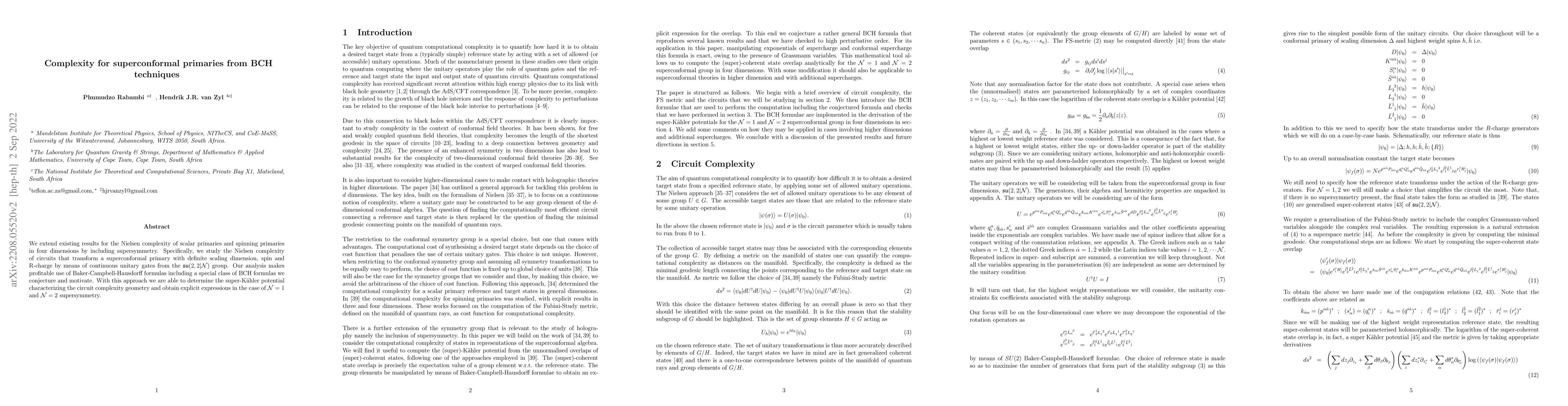 Thumbnail for Complexity for superconformal primaries from BCH techniques