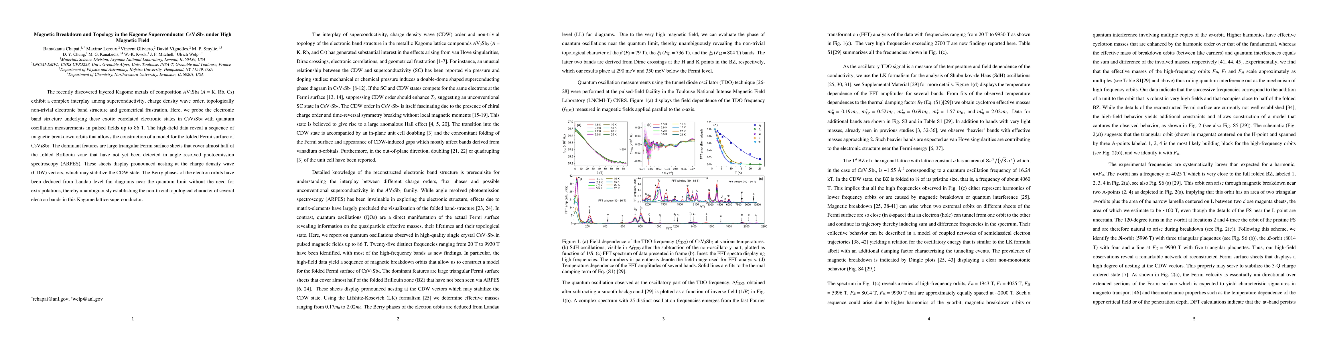 Thumbnail for Magnetic Breakdown and Topology in the Kagome Superconductor CsV3Sb5
  under High Magnetic Field