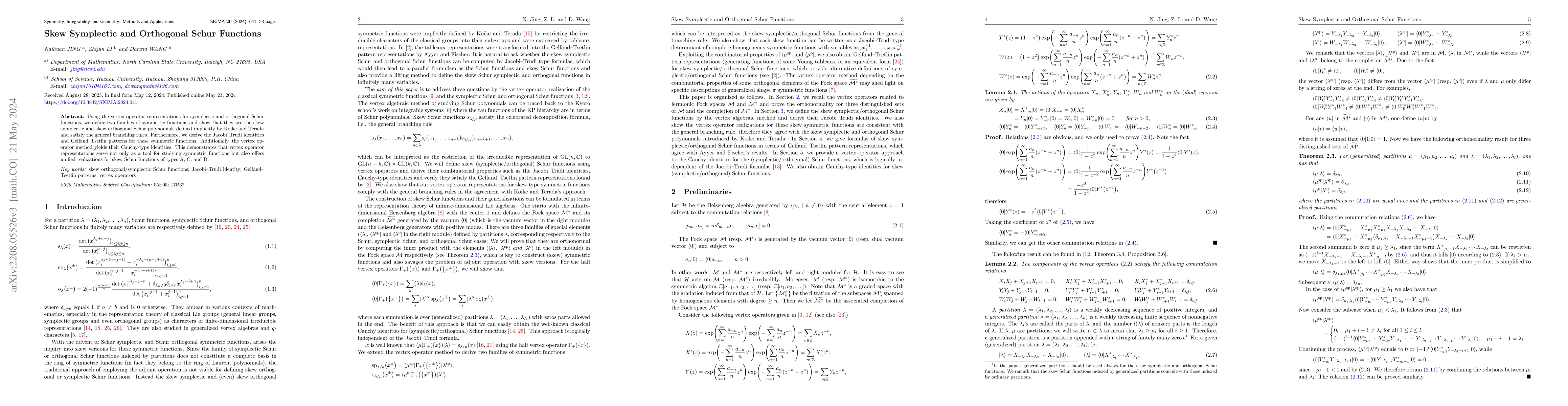 Thumbnail for Skew Symplectic and Orthogonal Schur Functions