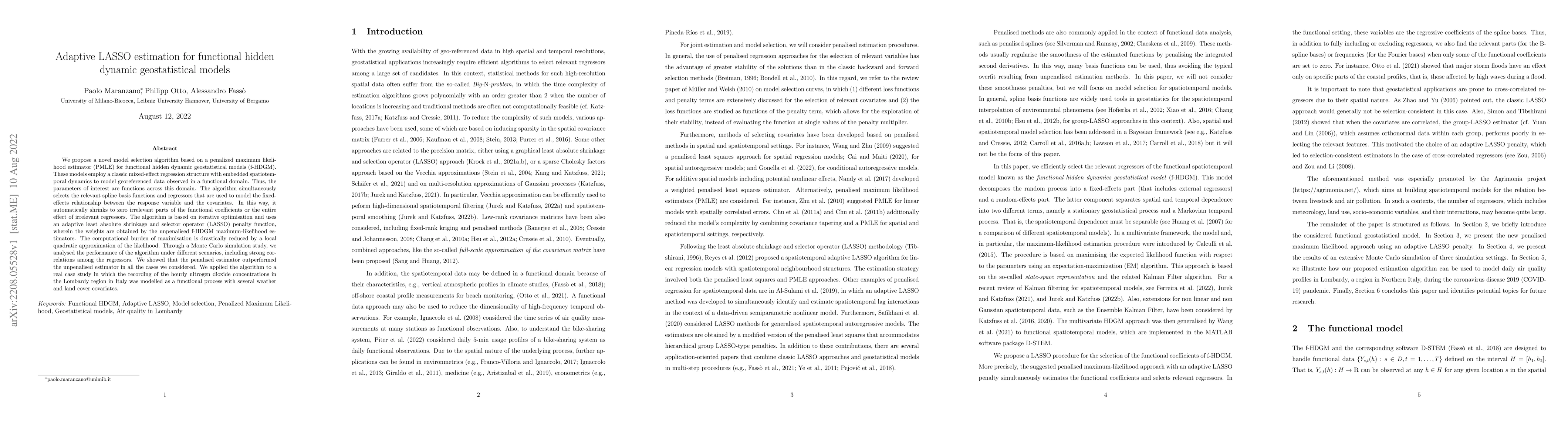 Thumbnail for Adaptive LASSO estimation for functional hidden dynamic geostatistical
  model