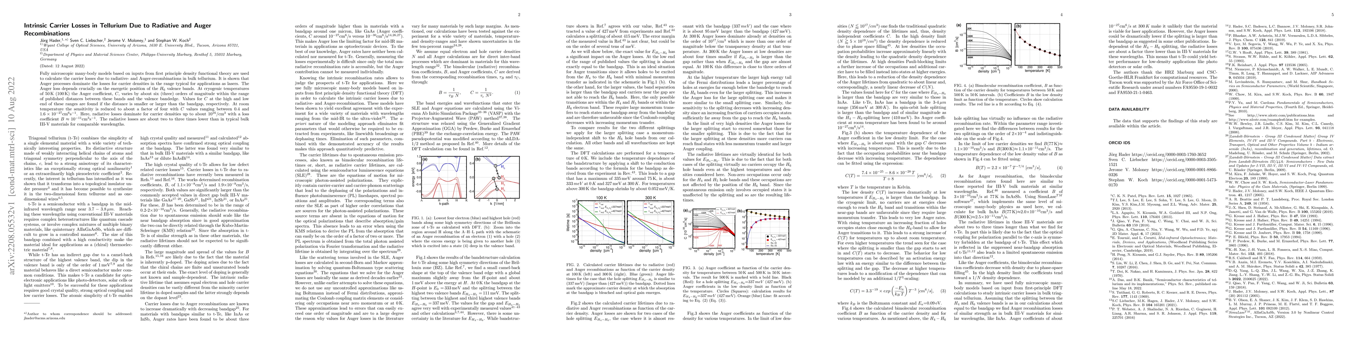 Thumbnail for Intrinsic Carrier Losses in Tellurium Due to Radiative and Auger
  Recombinations