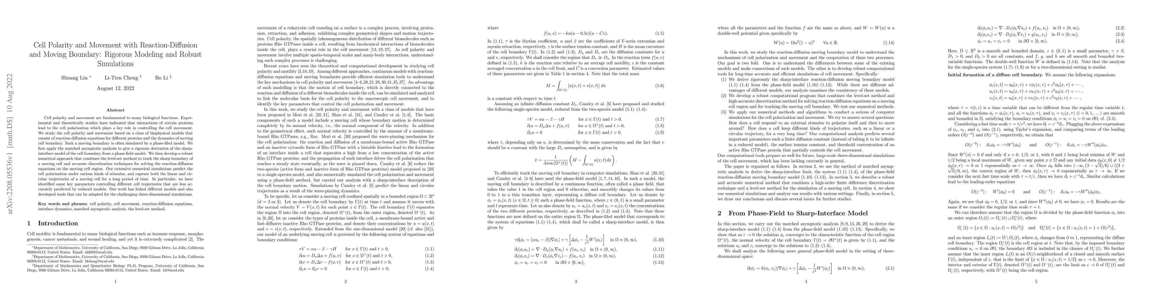 Thumbnail for Cell Polarity and Movement with Reaction-Diffusion and Moving Boundary:
  Rigorous Modeling and Robust Simulations