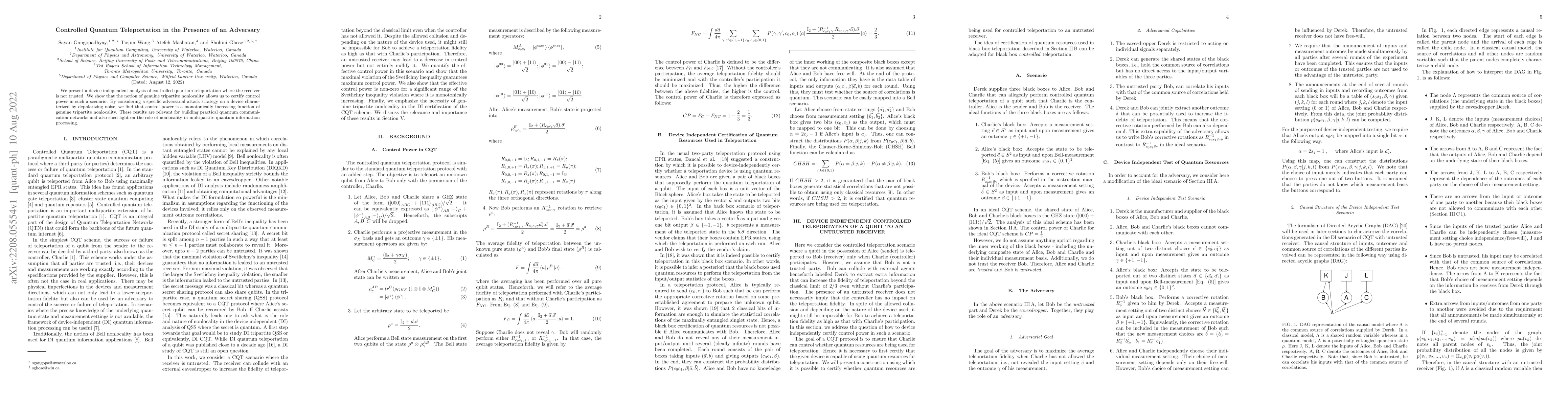 Thumbnail for Controlled Quantum Teleportation in the Presence of an Adversary