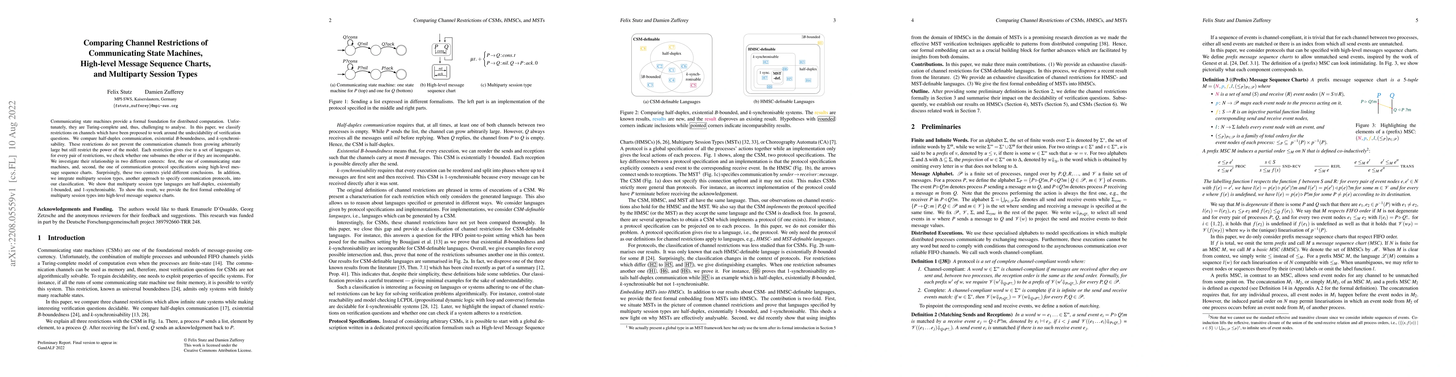 Thumbnail for Comparing Channel Restrictions of Communicating State Machines,
  High-level Message Sequence Charts, and Multiparty Session Types