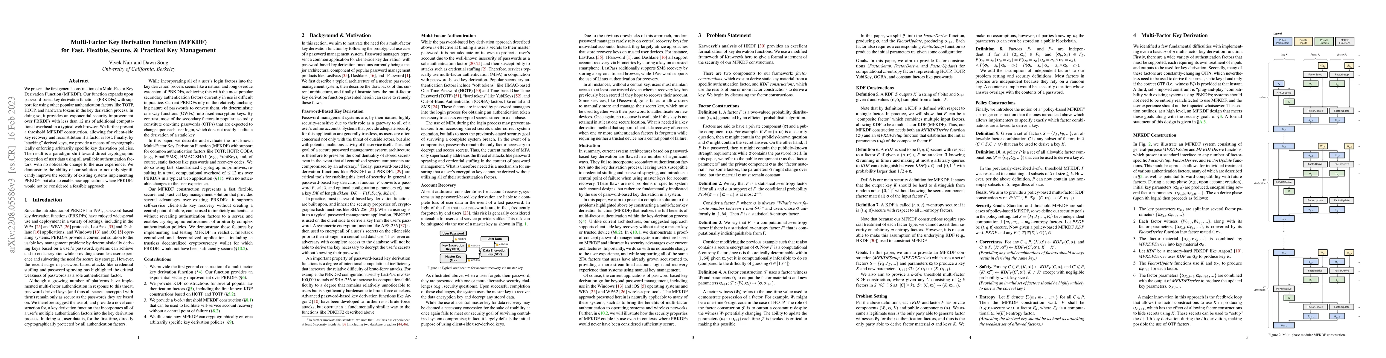 Thumbnail for Multi-Factor Key Derivation Function (MFKDF) for Fast, Flexible, Secure,
  & Practical Key Management