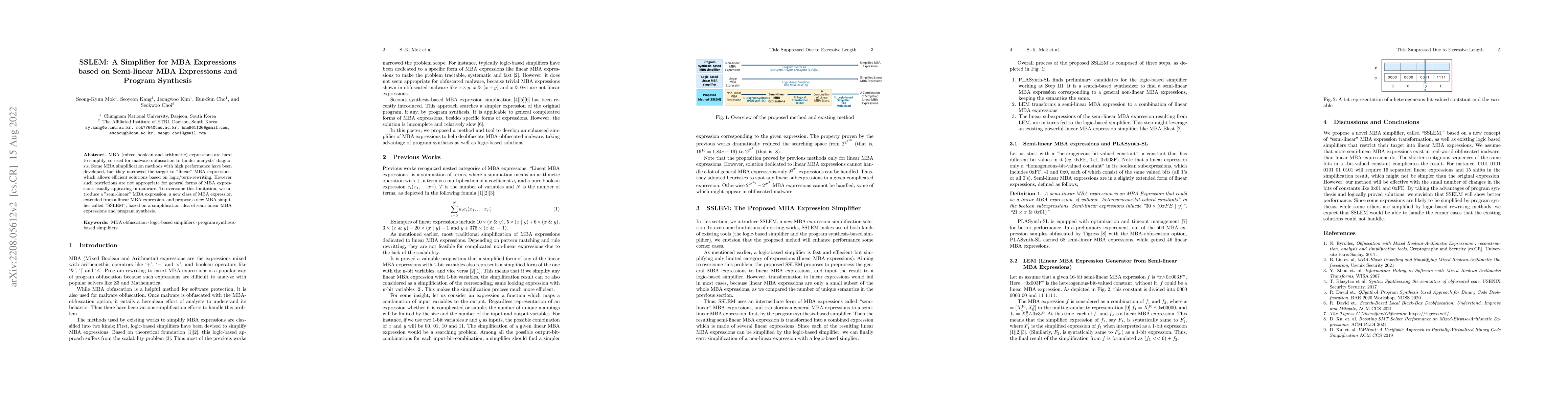 Thumbnail for SSLEM: A Simplifier for MBA Expressions based on Semi-linear MBA
  Expressions and Program Synthesis