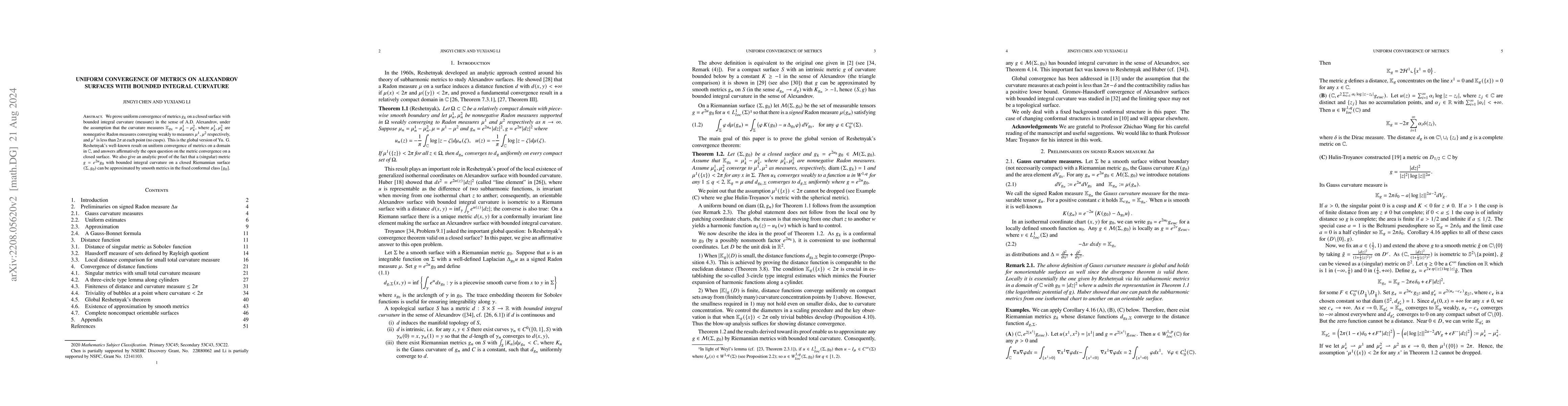 Thumbnail for Uniform Convergence of Metrics on Alexandrov Surfaces with Bounded
  Integral Curvature