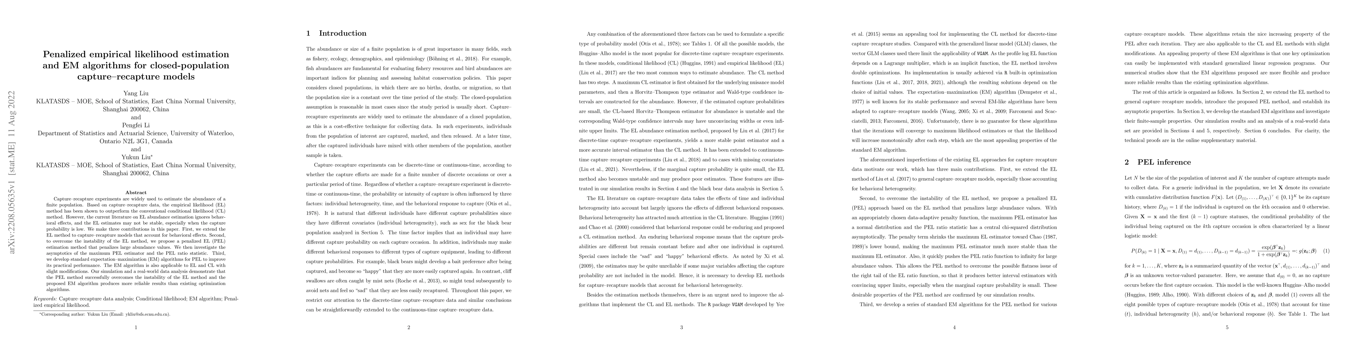 Thumbnail for Penalized empirical likelihood estimation and EM algorithms for
  closed-population capture-recapture models