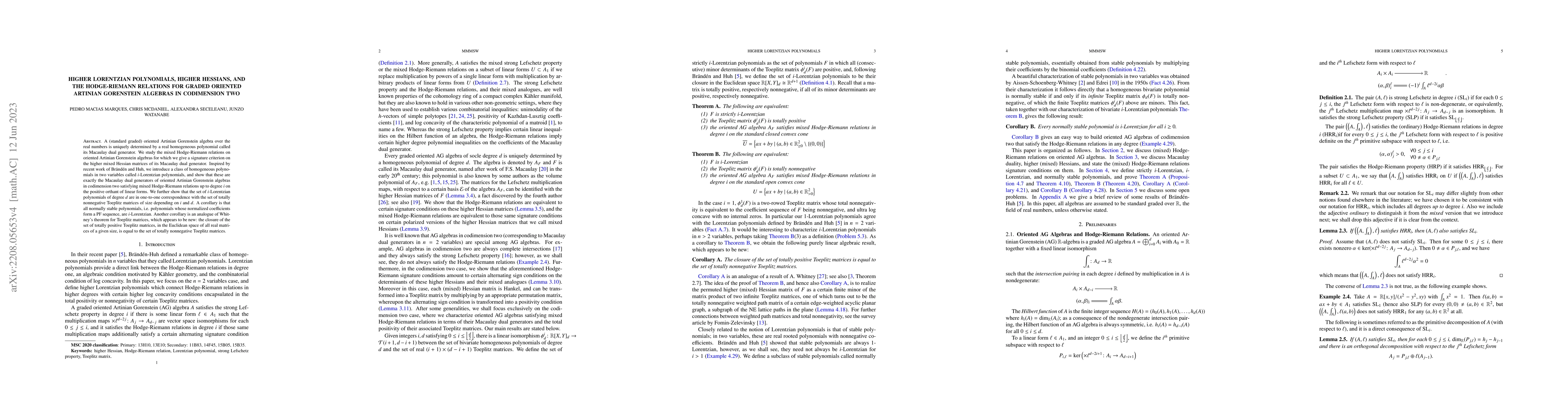 Thumbnail for Higher Lorentzian Polynomials, Higher Hessians, and the Hodge-Riemann
  Property for Graded Oriented Artinian Gorenstein Algebras in Codimension Two