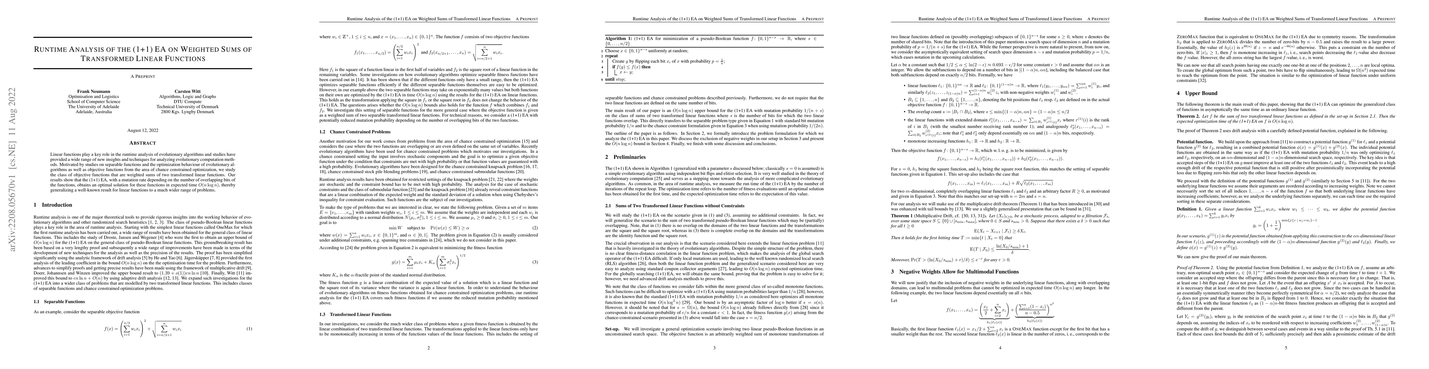 Thumbnail for Runtime Analysis of the (1+1) EA on Weighted Sums of Transformed Linear
  Functions