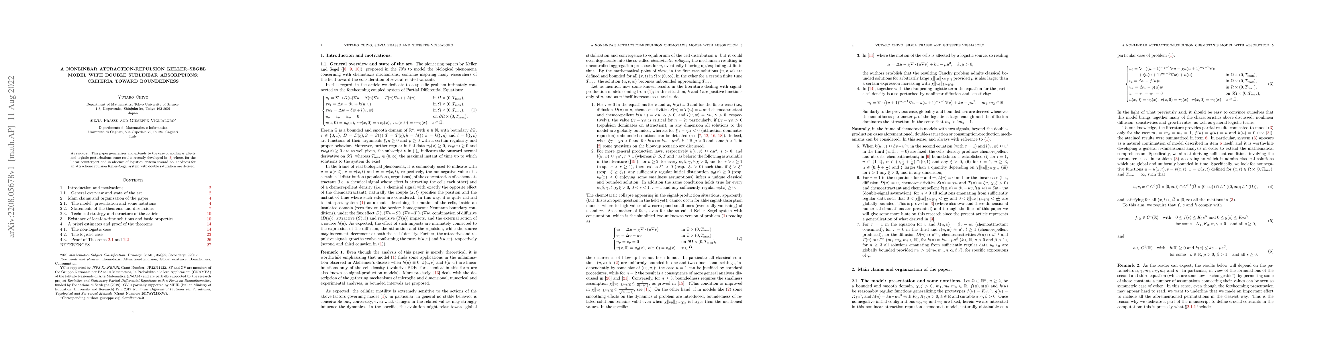 Thumbnail for A nonlinear attraction-repulsion Keller-Segel model with double
  sublinear absorptions: criteria toward boundedness