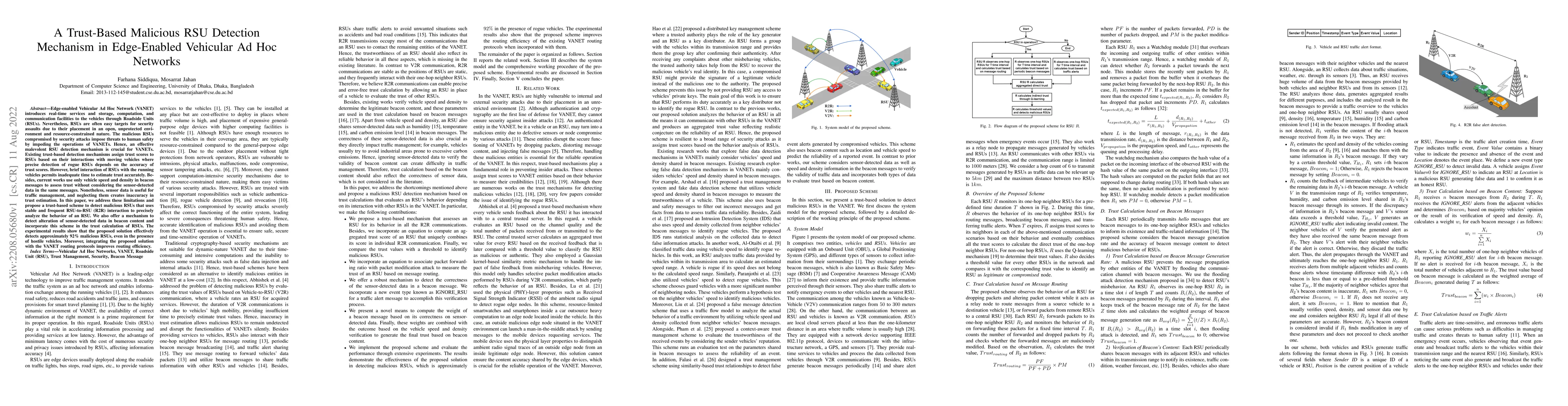 Thumbnail for A Trust-Based Malicious RSU Detection Mechanism in Edge-Enabled
  Vehicular Ad Hoc Networks