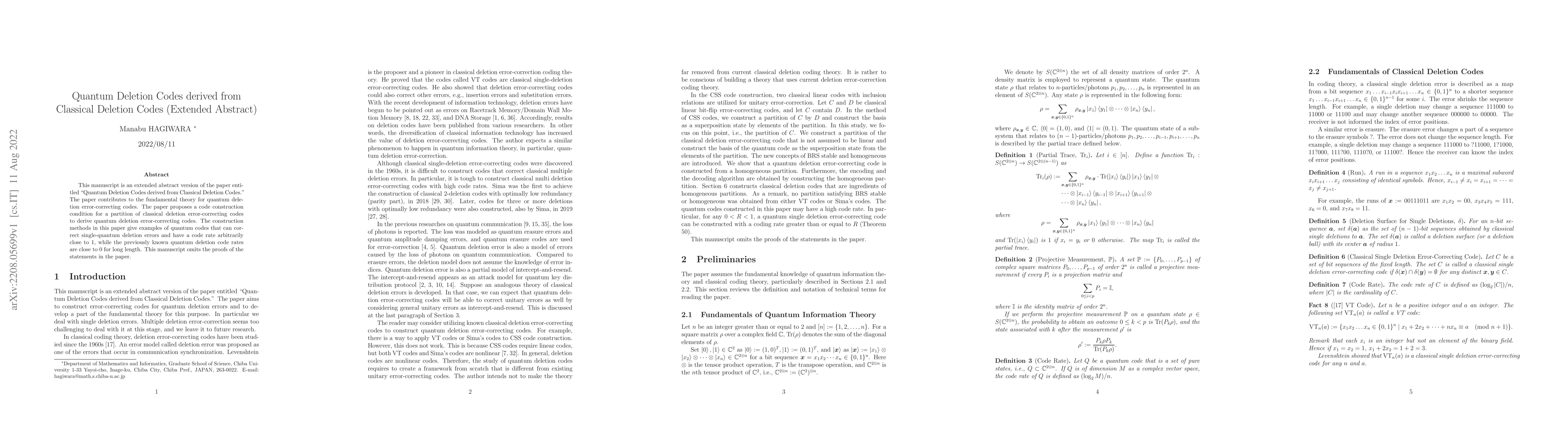 Thumbnail for Quantum Deletion Codes derived from Classical Deletion Codes (Extended
  Abstract)