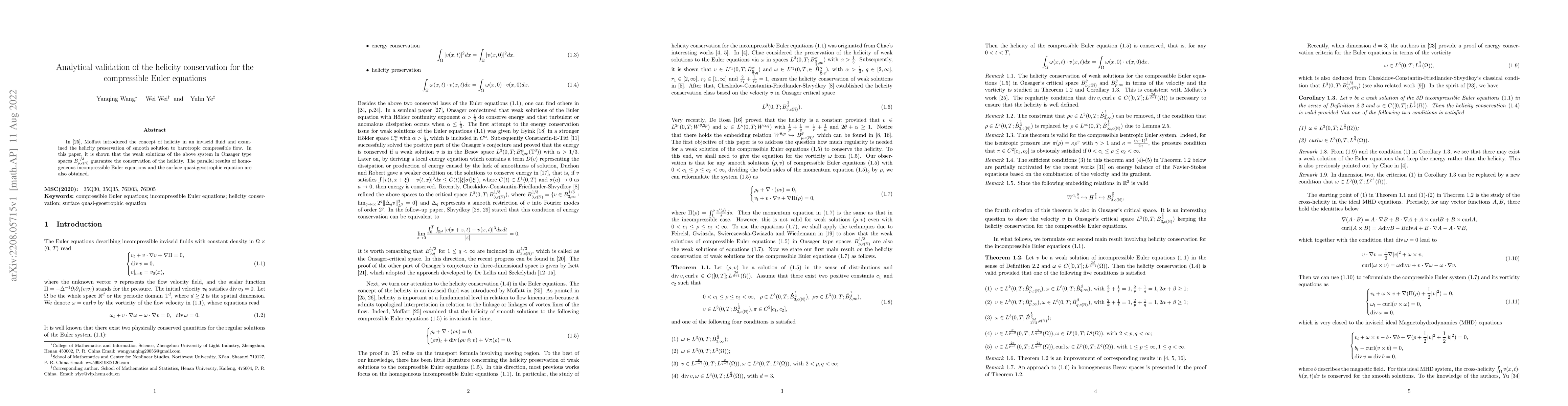 Thumbnail for Analytical validation of the helicity conservation for the compressible
  Euler equations