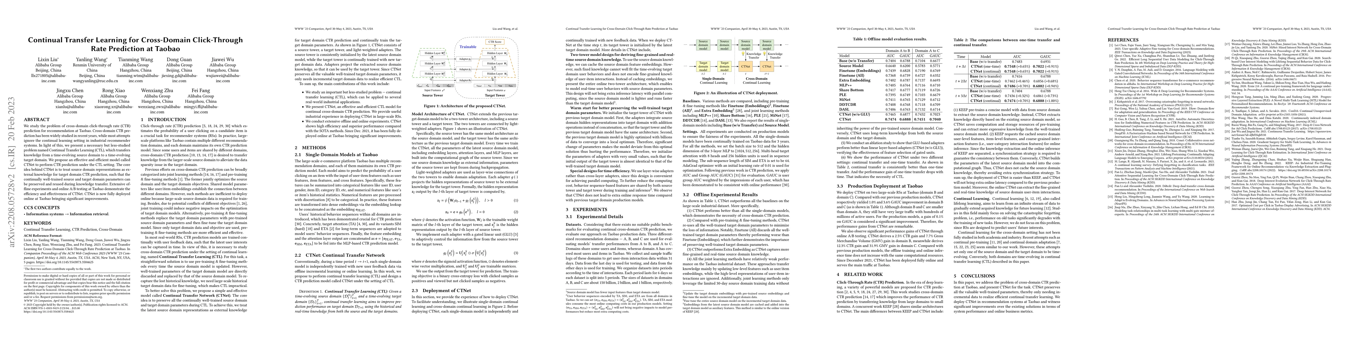Thumbnail for Continual Transfer Learning for Cross-Domain Click-Through Rate
  Prediction at Taobao