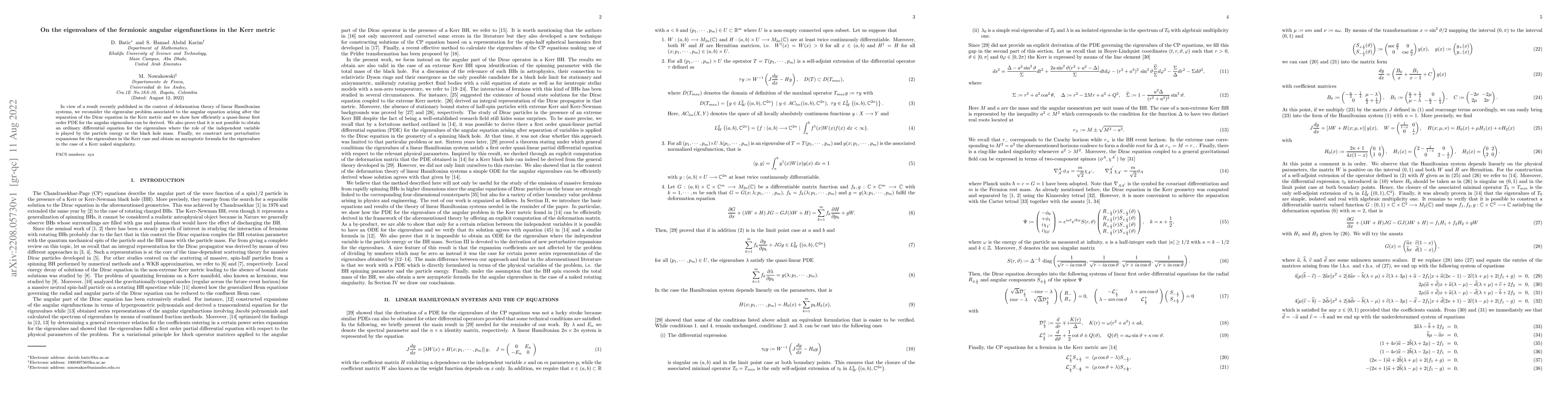 Thumbnail for On the eigenvalues of the fermionic angular eigenfunctions in the Kerr
  metric