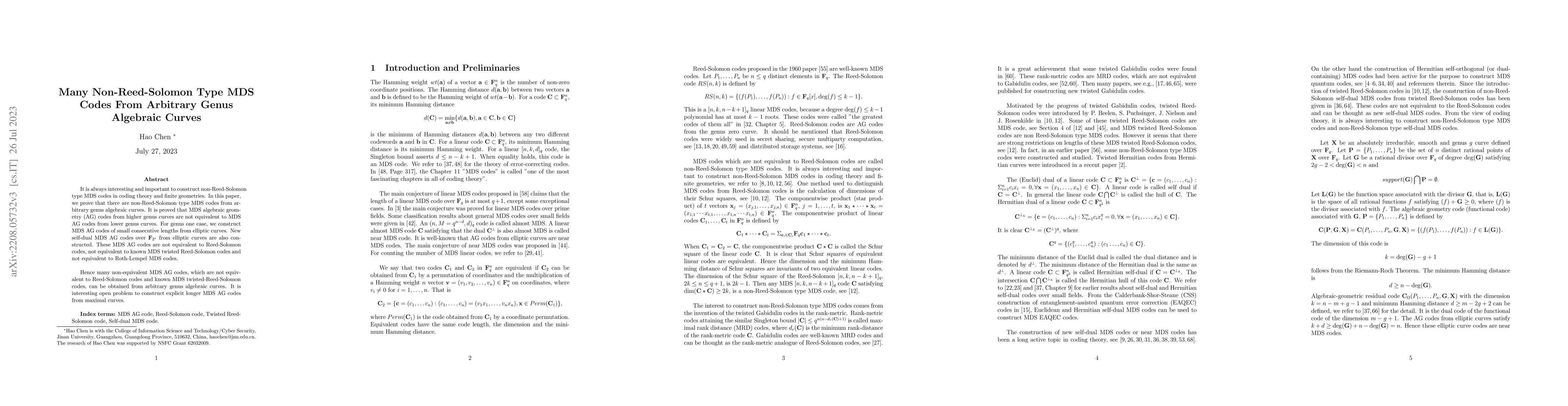 Thumbnail for Many Non-Reed-Solomon Type MDS Codes From Arbitrary Genus Algebraic
  Curves