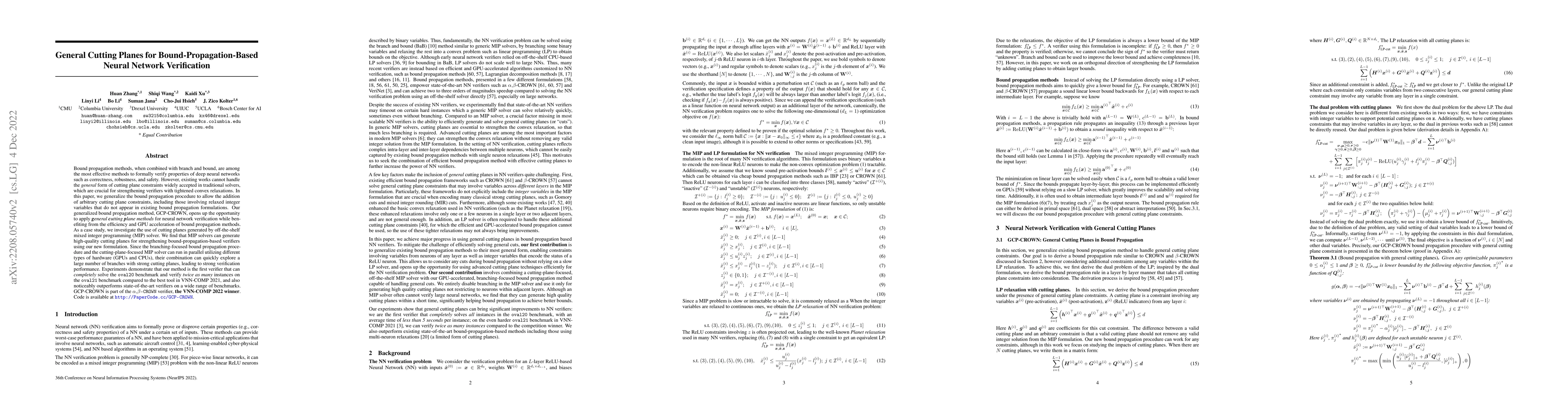 Thumbnail for General Cutting Planes for Bound-Propagation-Based Neural Network
  Verification