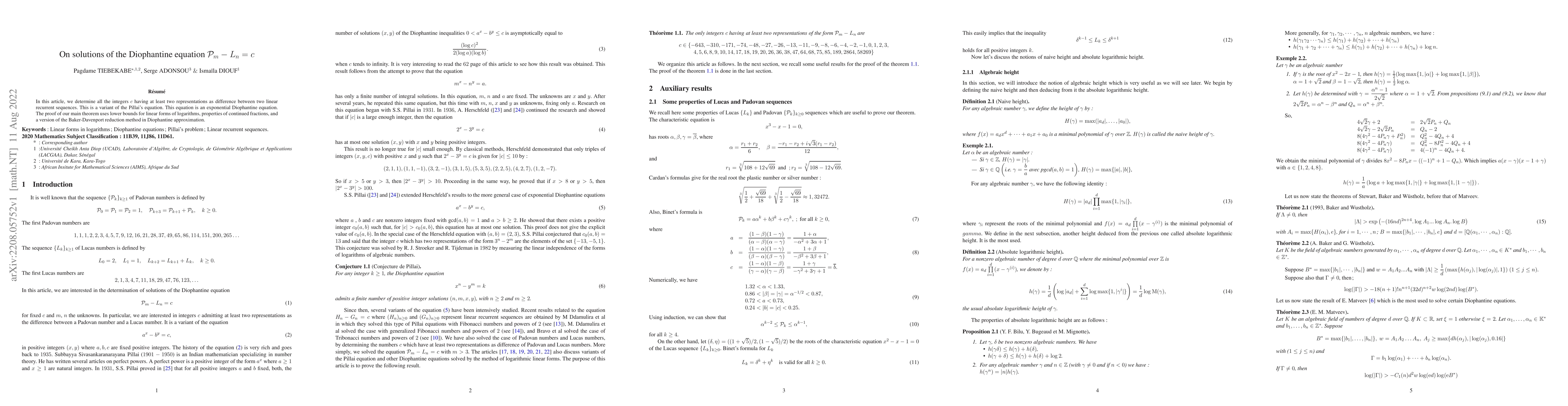 Thumbnail for On solutions of the Diophantine equation $\mathcal{P}_m-L_n=c$