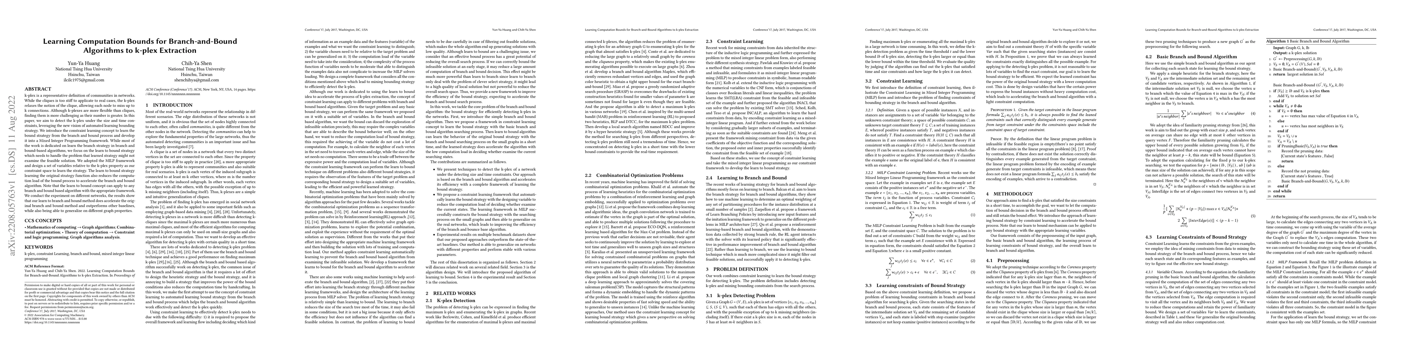 Thumbnail for Learning Computation Bounds for Branch-and-Bound Algorithms to k-plex
  Extraction