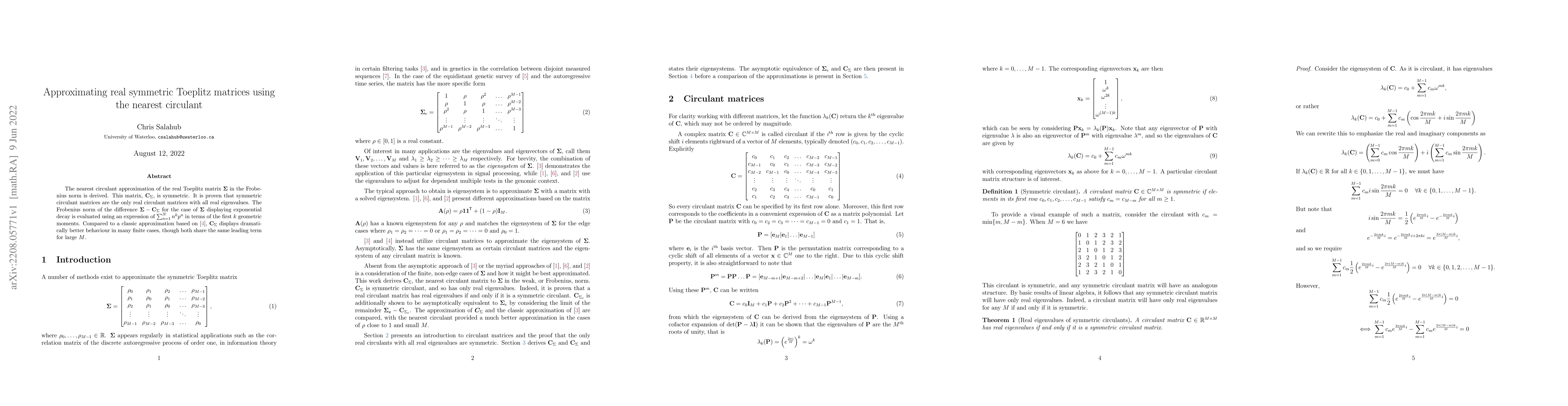 Thumbnail for Approximating real symmetric Toeplitz matrices using the nearest
  circulant