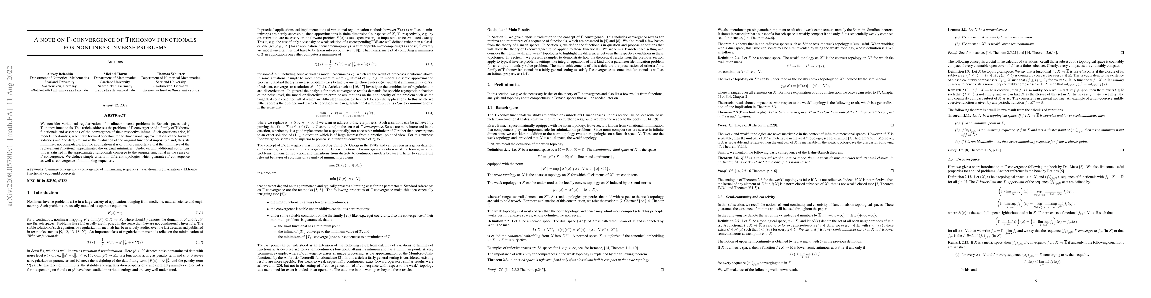 Thumbnail for A note on $\Gamma$-convergence of Tikhonov functionals for nonlinear
  inverse problems