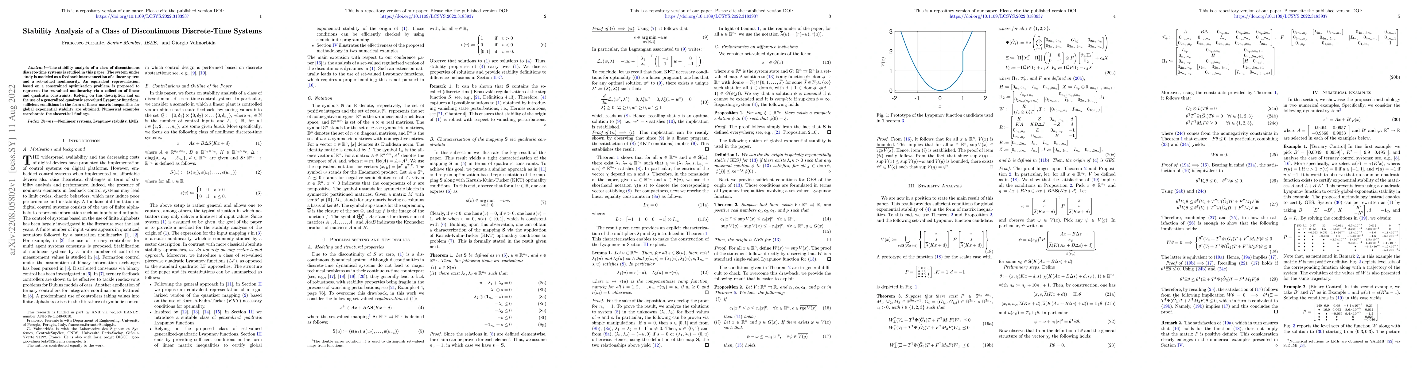 Thumbnail for Stability Analysis of a Class of Discontinuous Discrete-Time Systems