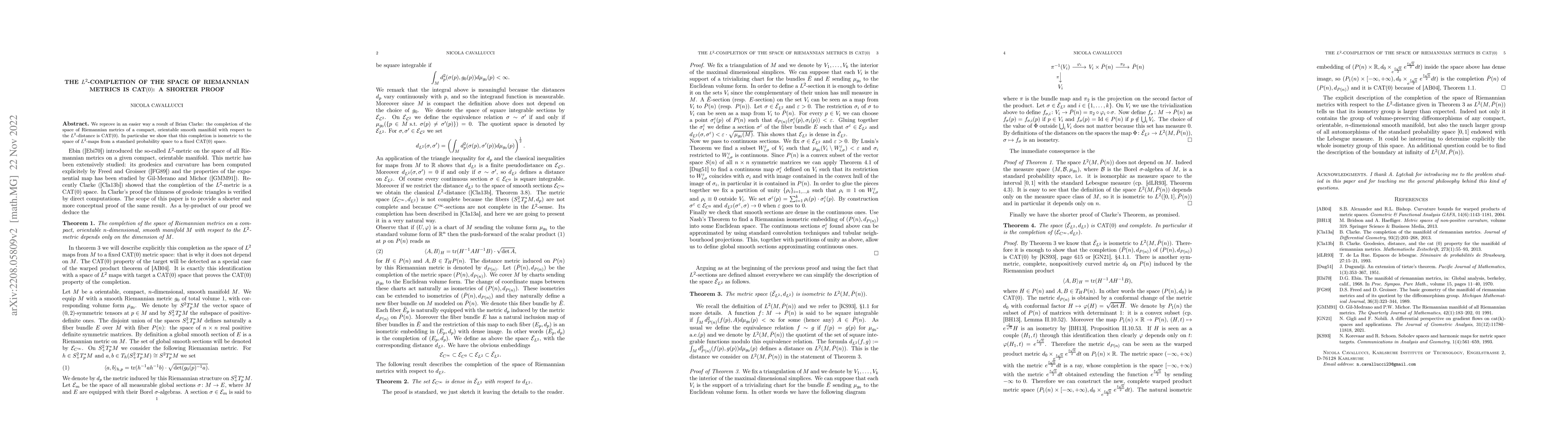 Thumbnail for The $L^2$-completion of the space of Riemannian metrics is CAT$(0)$: a
  shorter proof