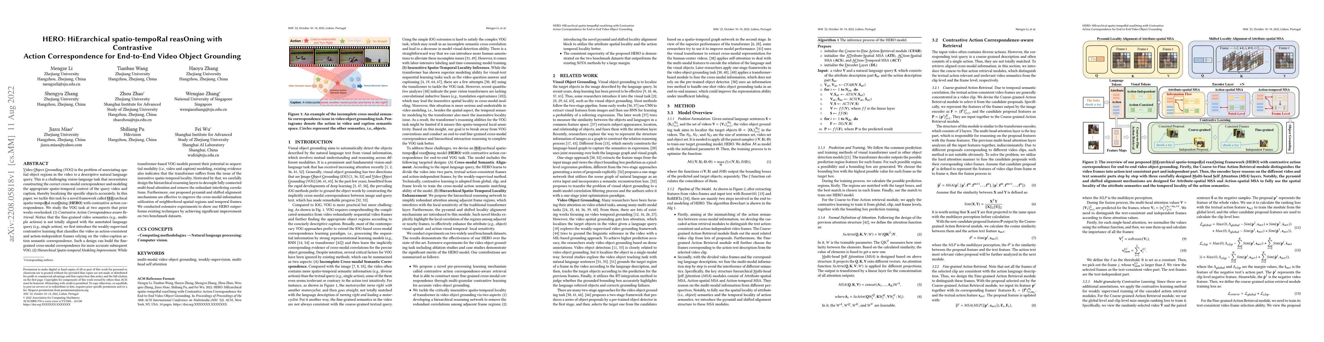 Thumbnail for HERO: HiErarchical spatio-tempoRal reasOning with Contrastive Action
  Correspondence for End-to-End Video Object Grounding