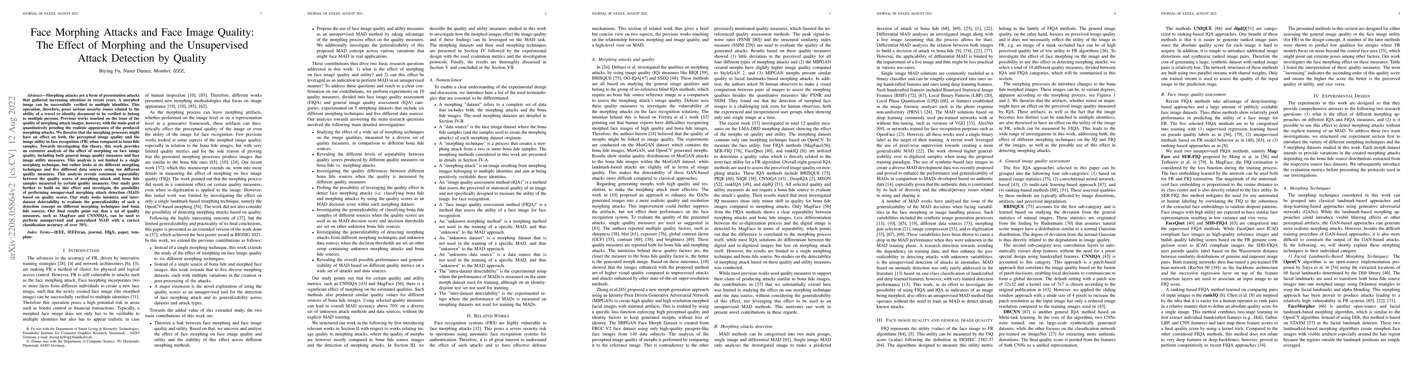 Thumbnail for Face Morphing Attacks and Face Image Quality: The Effect of Morphing and
  the Unsupervised Attack Detection by Quality