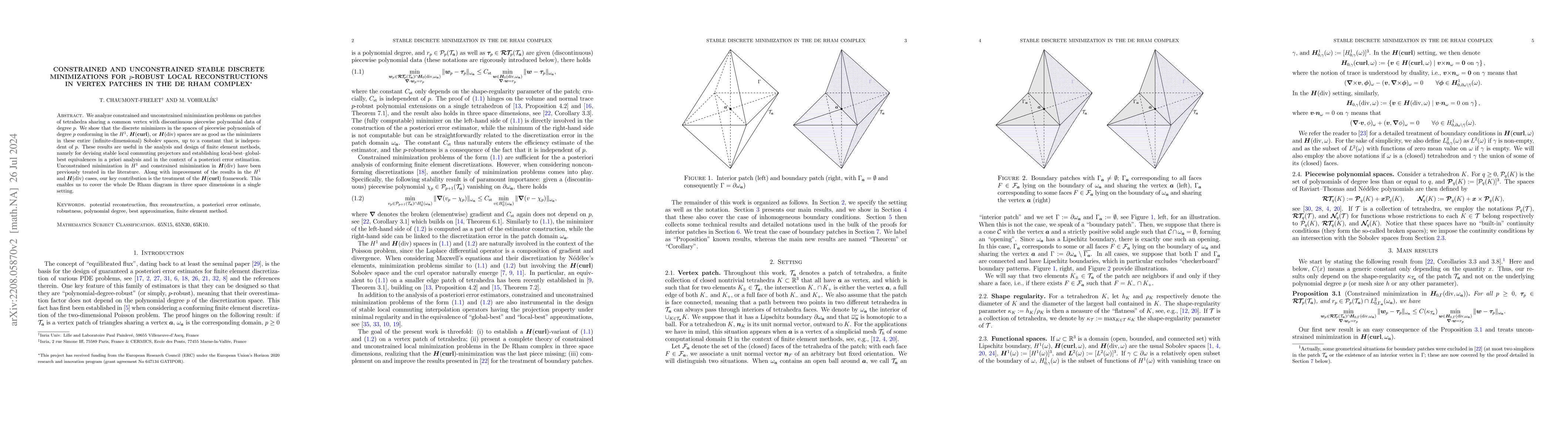 Thumbnail for Constrained and unconstrained stable discrete minimizations for p-robust
  local reconstructions in vertex patches in the de Rham complex