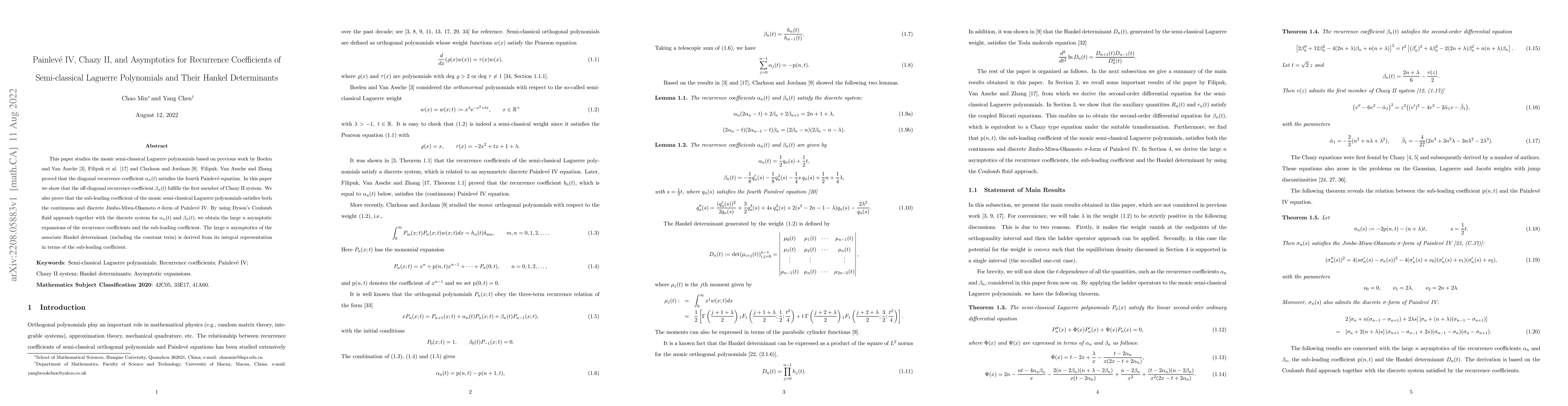 Thumbnail for Painlev\'{e} IV, Chazy II, and Asymptotics for Recurrence Coefficients
  of Semi-classical Laguerre Polynomials and Their Hankel Determinants