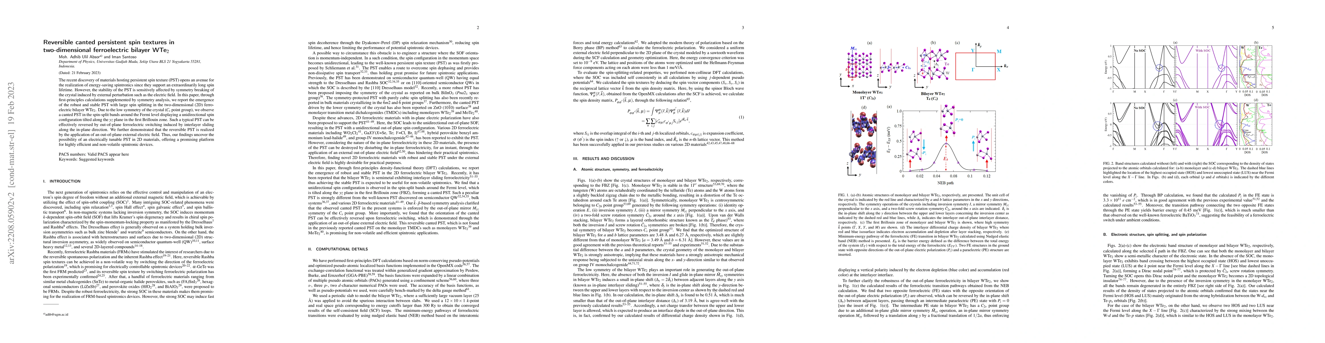 Thumbnail for Reversible canted persistent spin textures with large spin splitting in
  two-dimensional ferroelectric bilayer WTe$_{2}$