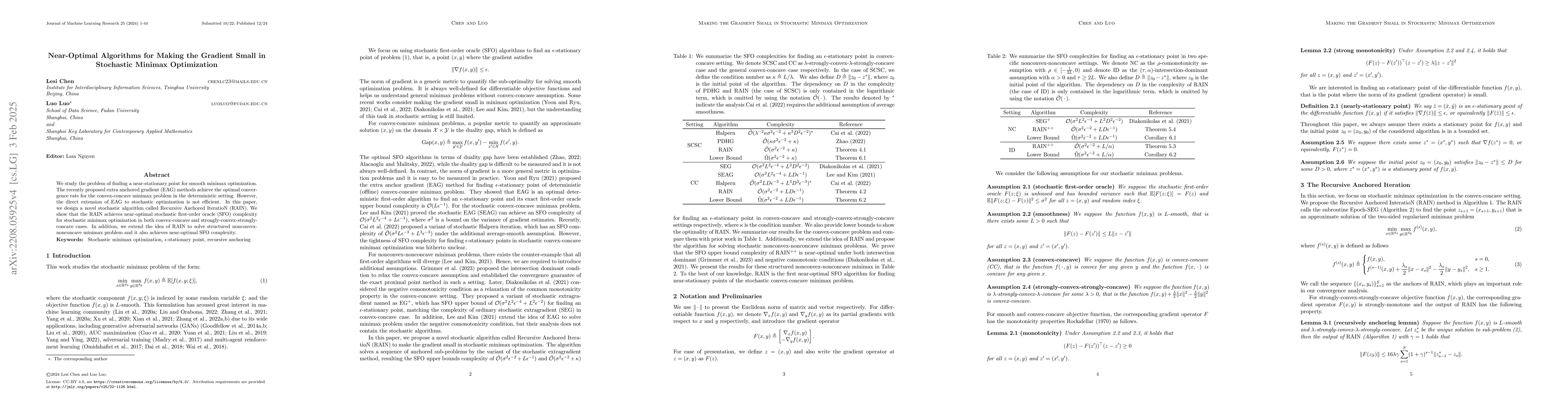 Thumbnail for Near-Optimal Algorithms for Making the Gradient Small in Stochastic
  Minimax Optimization