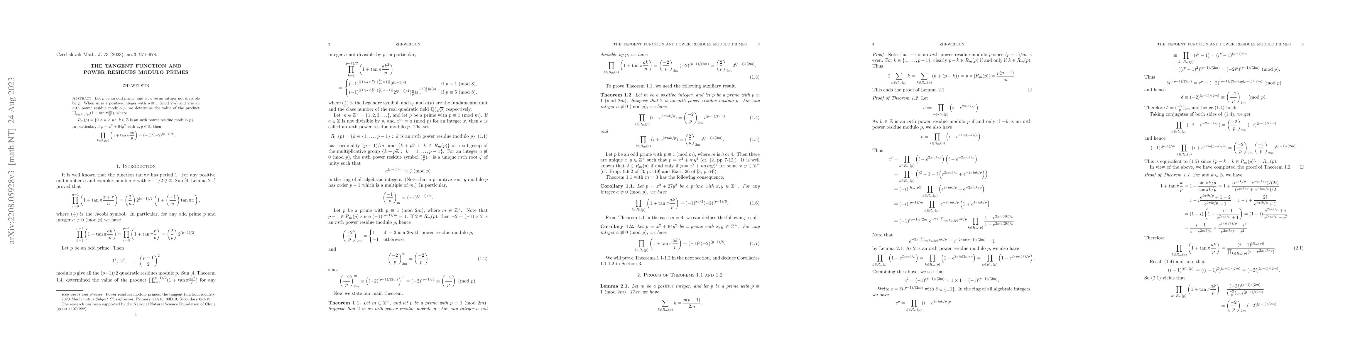 Thumbnail for The tangent function and power residues modulo primes
