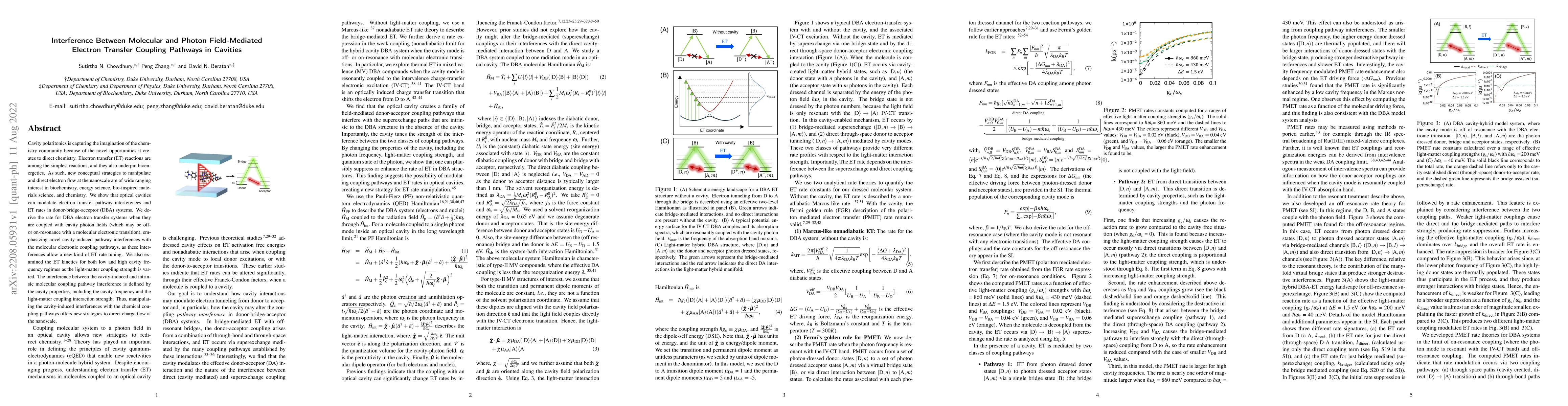 Thumbnail for Interference Between Molecular and Photon Field-Mediated Electron
  Transfer Coupling Pathways in Cavities