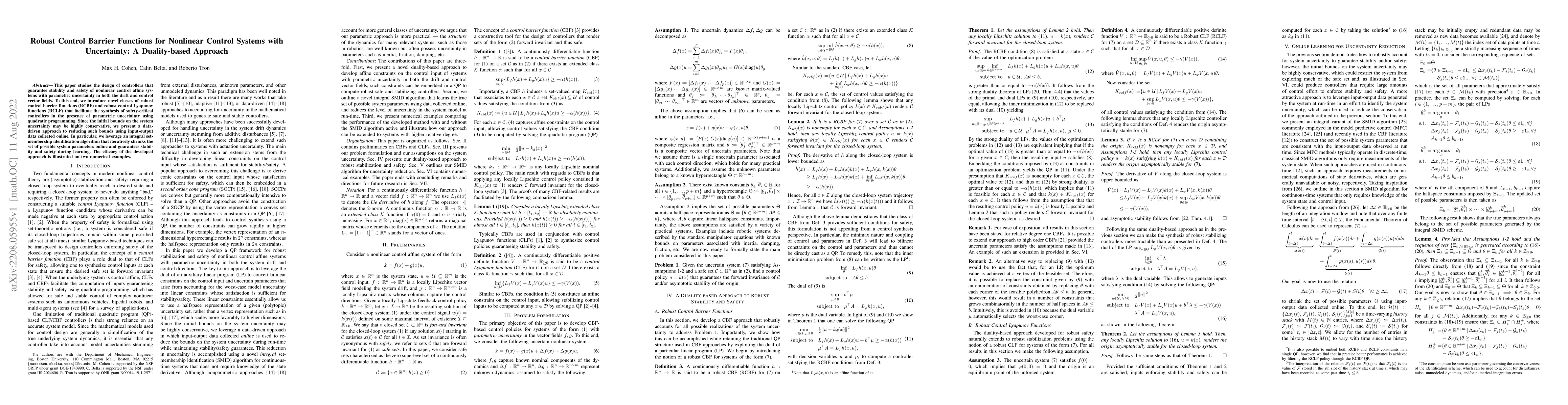 Thumbnail for Robust Control Barrier Functions for Nonlinear Control Systems with
  Uncertainty: A Duality-based Approach