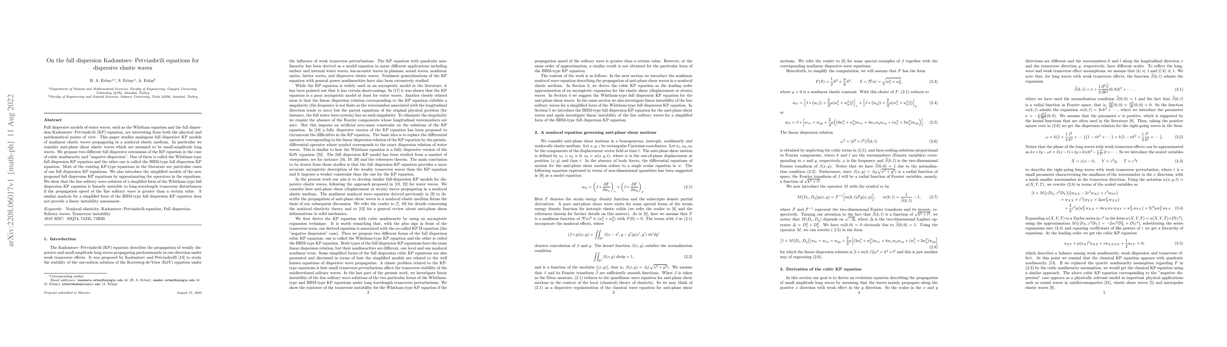 Thumbnail for On the full dispersion Kadomtsev-Petviashvili equations for dispersive
  elastic waves
