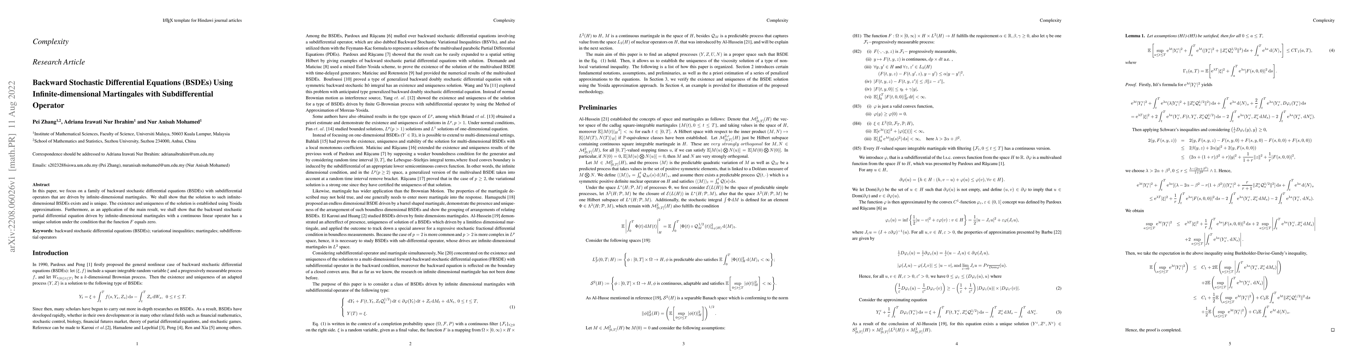 Thumbnail for Backward Stochastic Differential Equations (BSDEs) Using
  Infinite-dimensional Martingales with Subdifferential Operator