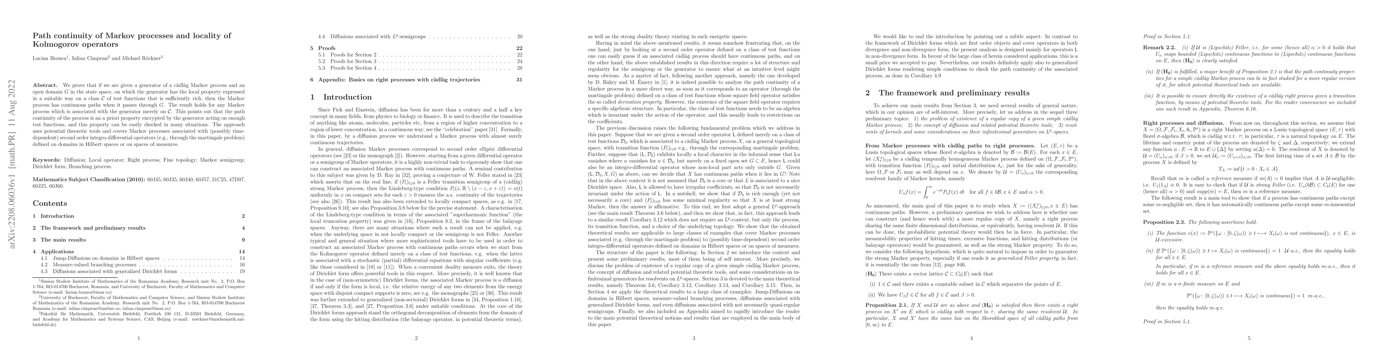Thumbnail for Path continuity of Markov processes and locality of Kolmogorov operators