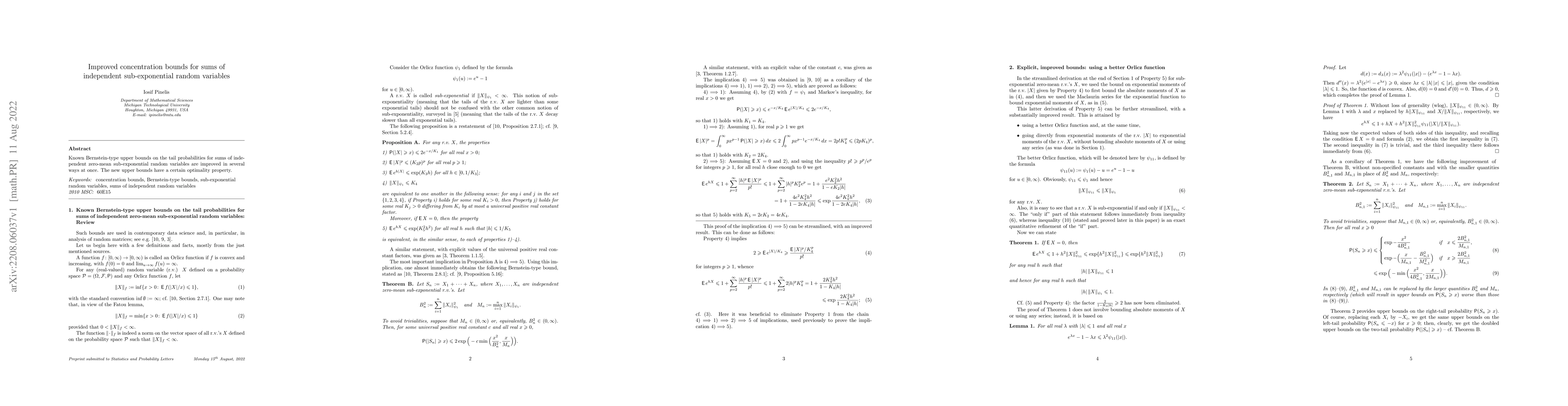 Thumbnail for Improved concentration bounds for sums of independent sub-exponential
  random variables
