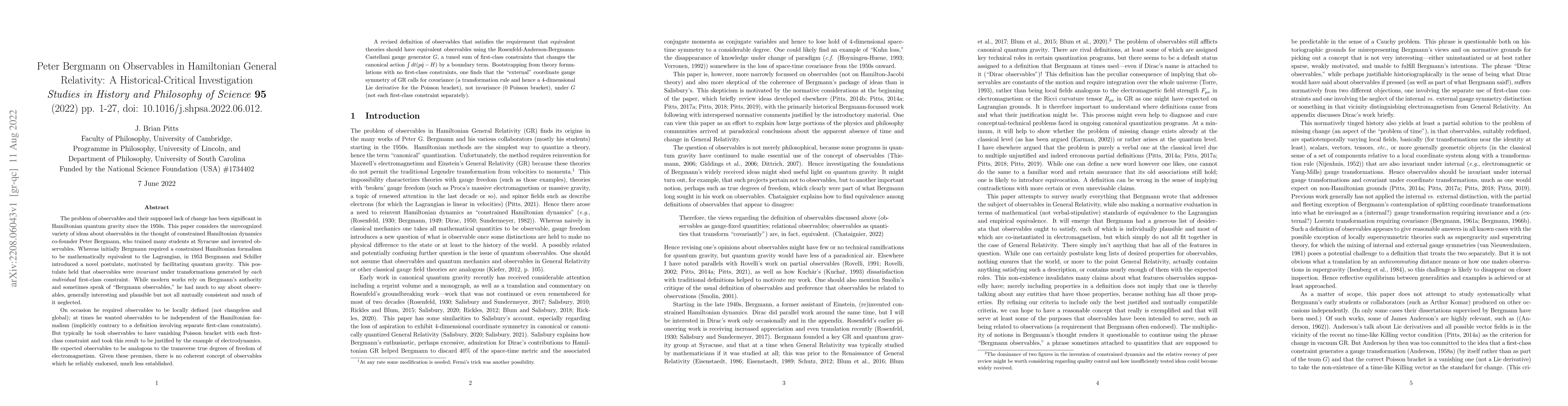 Thumbnail for Peter Bergmann on Observables in Hamiltonian General Relativity: A
  Historical-Critical Investigation