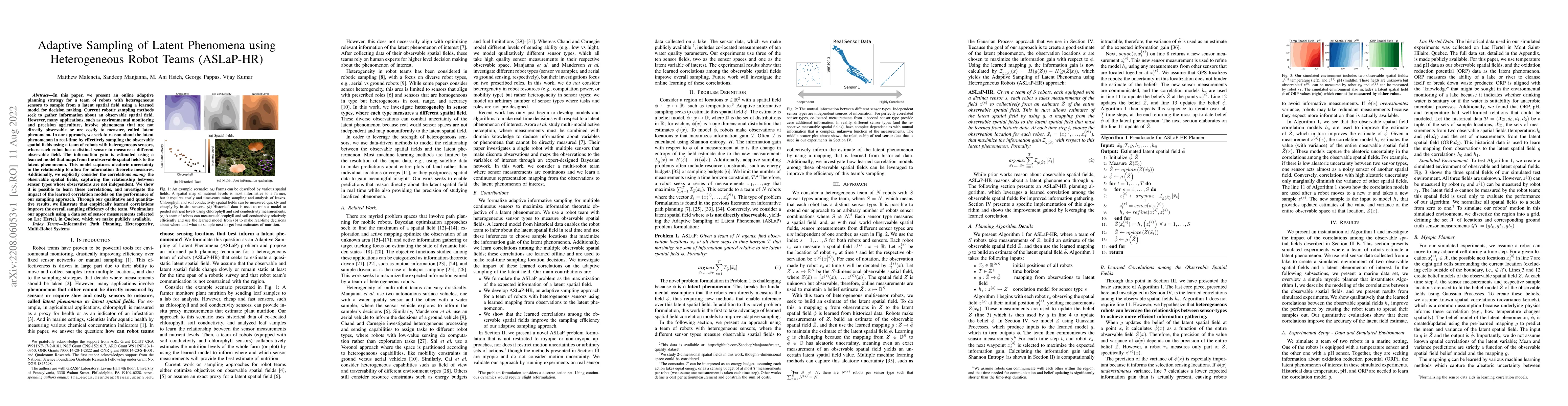 Thumbnail for Adaptive Sampling of Latent Phenomena using Heterogeneous Robot Teams
  (ASLaP-HR)