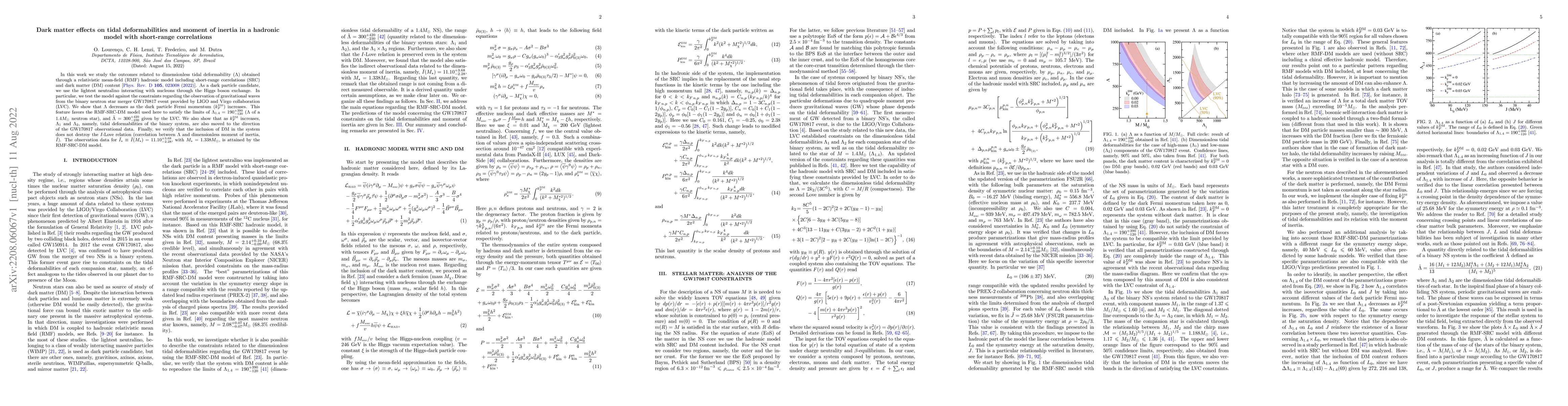 Thumbnail for Dark matter effects on tidal deformabilities and moment of inertia in a
  hadronic model with short-range correlations