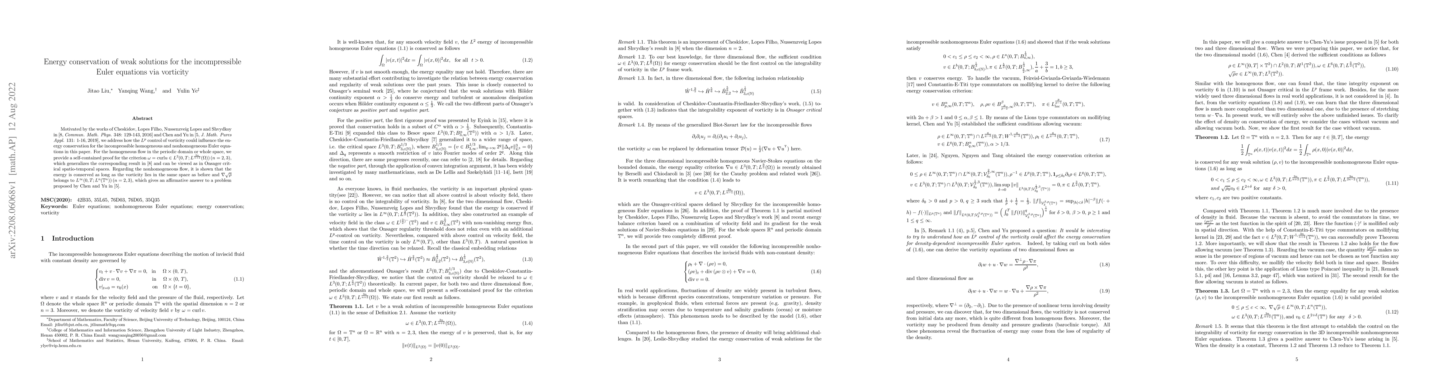 Thumbnail for Energy conservation of weak solutions for the incompressible Euler
  equations via vorticity