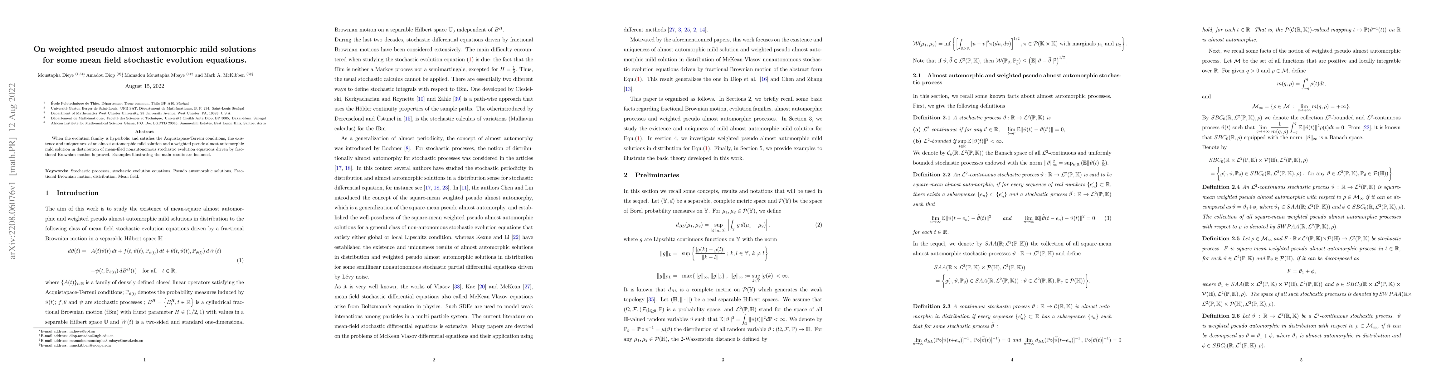 Thumbnail for On weighted pseudo almost automorphic mild solutions for some mean field
  stochastic evolution equations