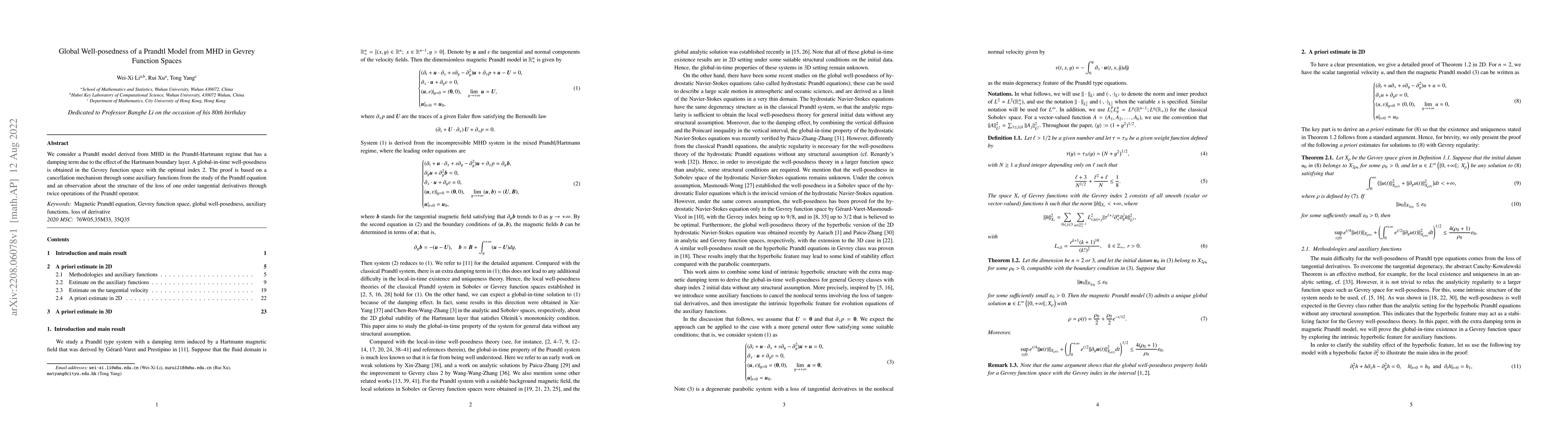Thumbnail for Global Well-posedness of a Prandtl Model from MHD in Gevrey Function
  Spaces